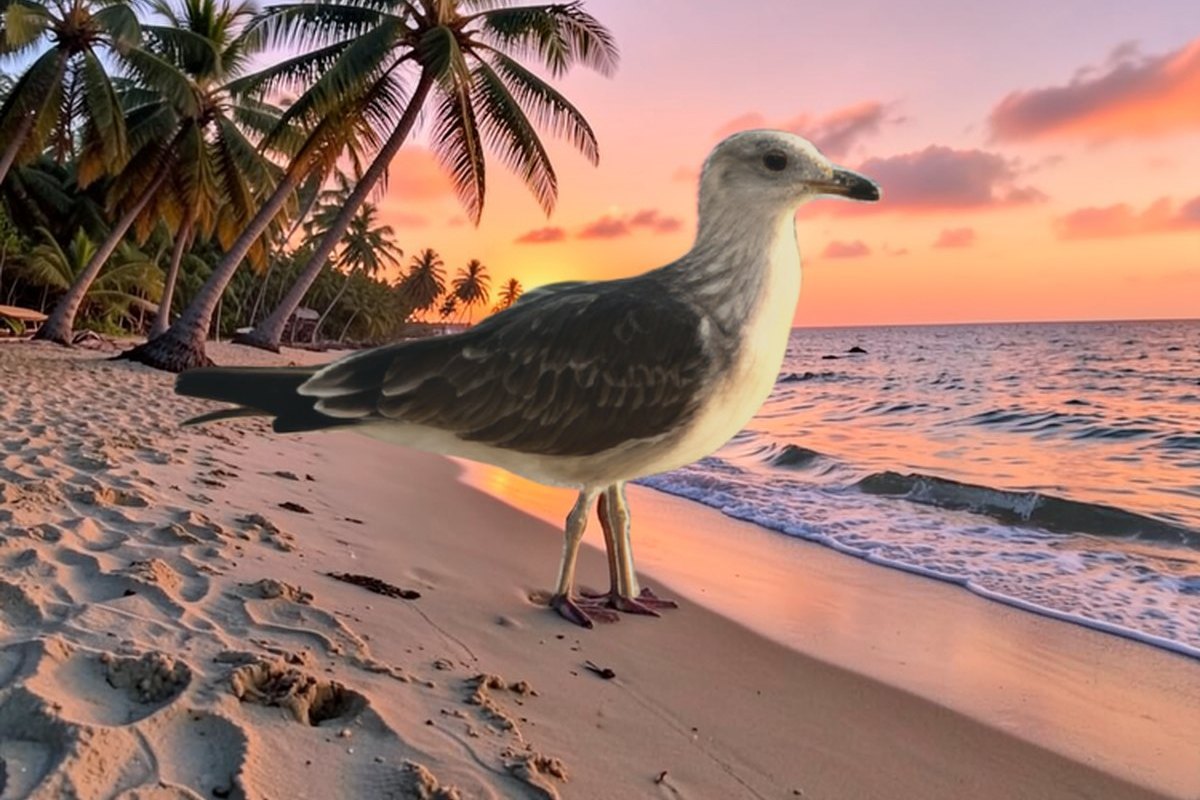 The seagull restored and standing on a tropical beach at sunset