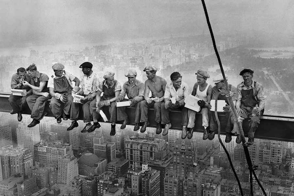 Lunch atop a Skyscraper, black and white and low quality